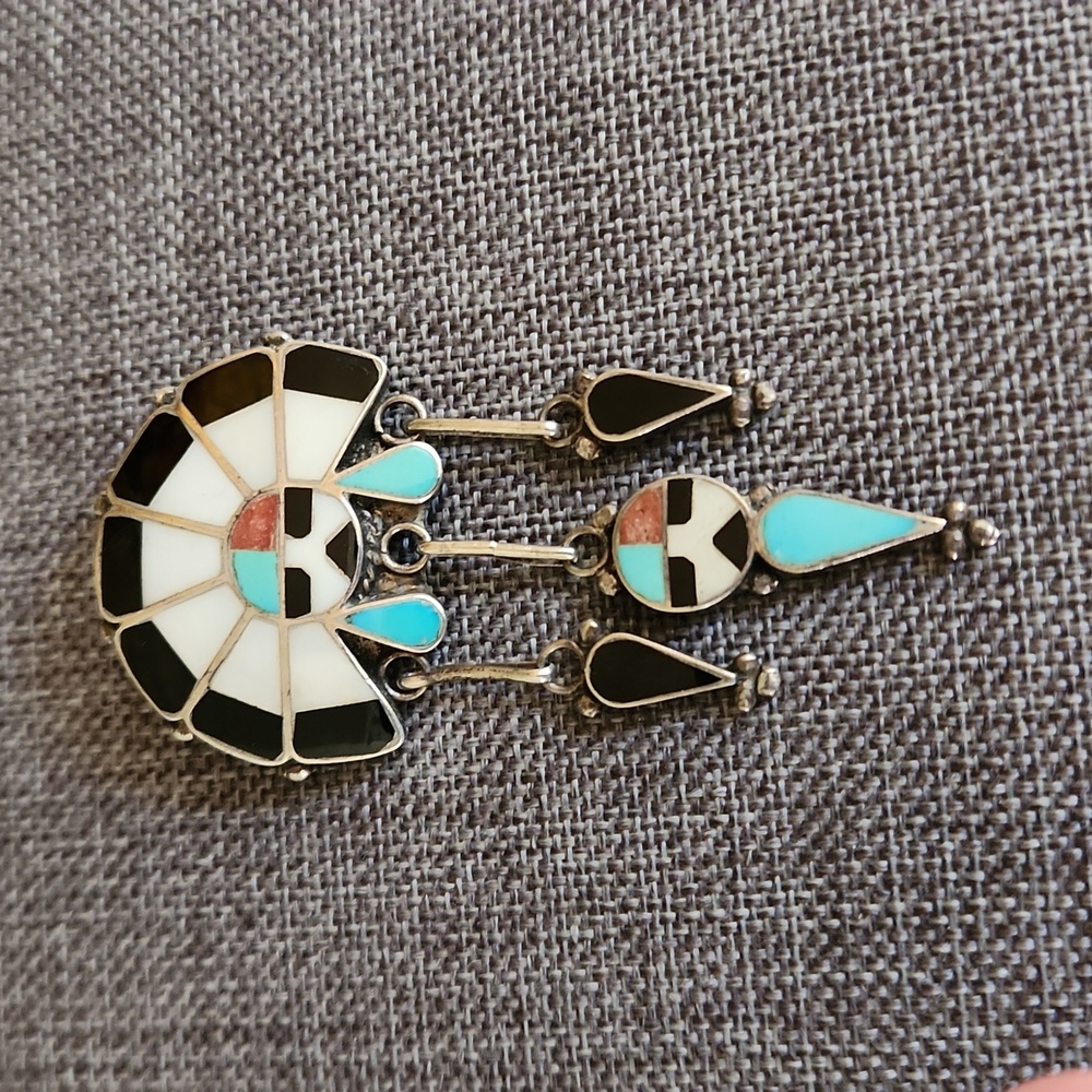 Vintage Native American Zuni Handmade Gemstone Dangle Headdress Pendant/Pin 🖤💙
